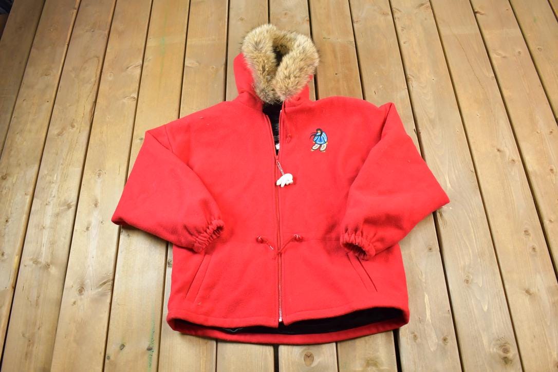 Vintage 1990s Nature Theme 100% Wool Hooded Button Up Jacket Made In Canada