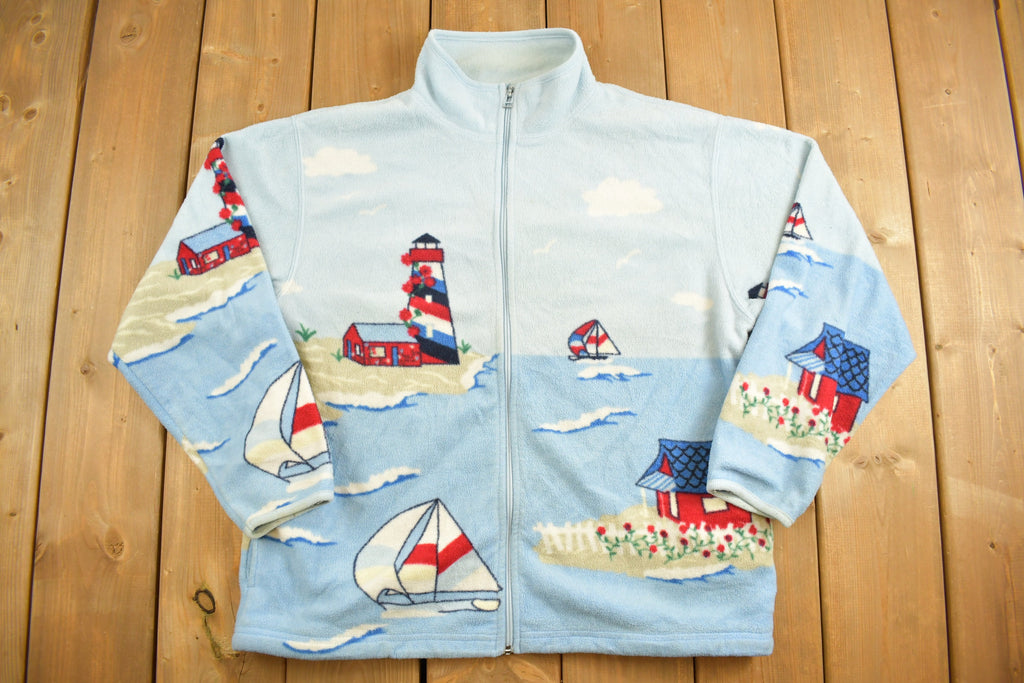 Vintage 1990s Northern Reflections Sailing Boat Theme Fleece Sweater / Streetwear / All Over Pattern / Zip Up Sweater