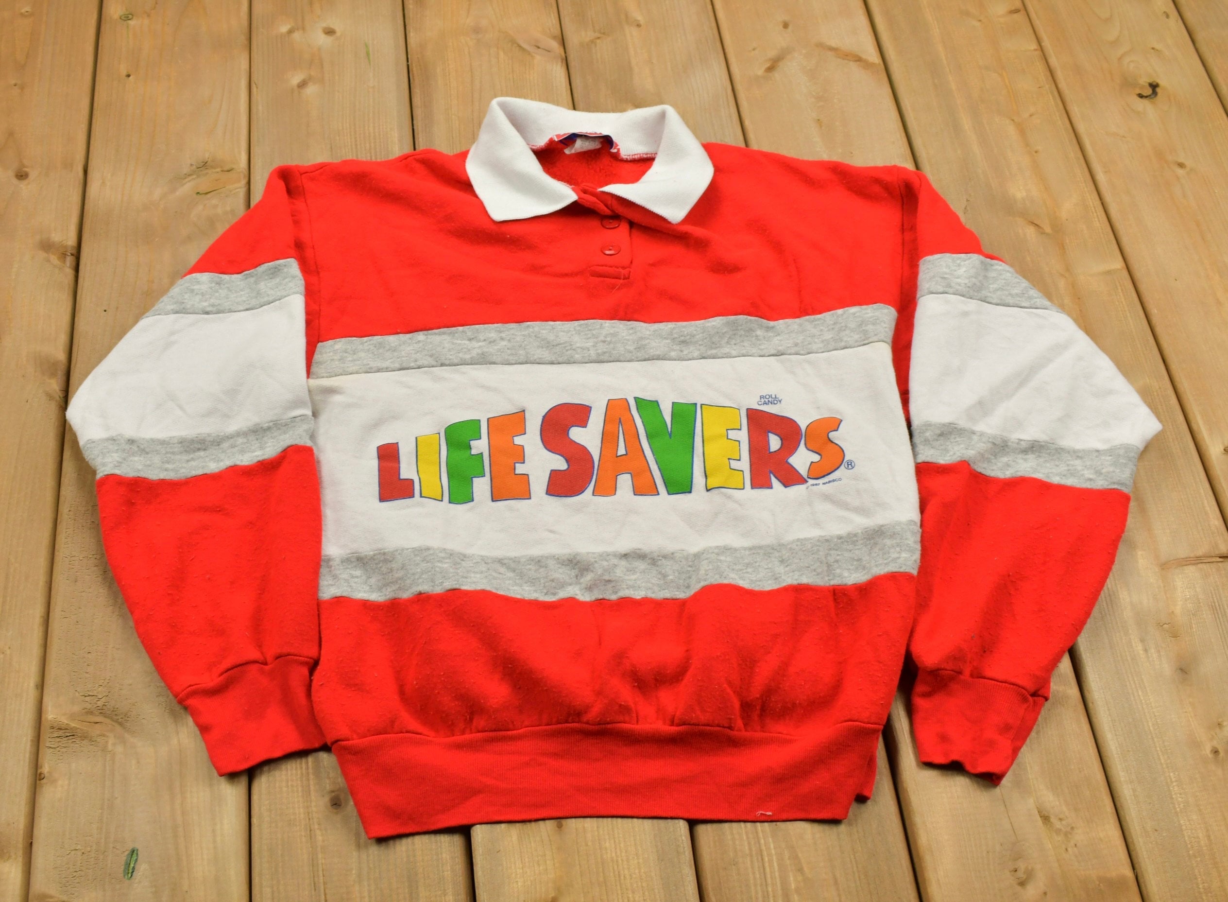 Vintage 1980s Life Savers Graphic Collared Sweater