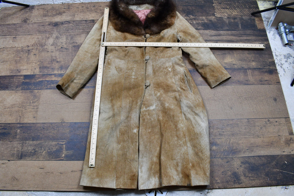 Vintage 1960s Fur Collared Suede Leather Full Length Jacket