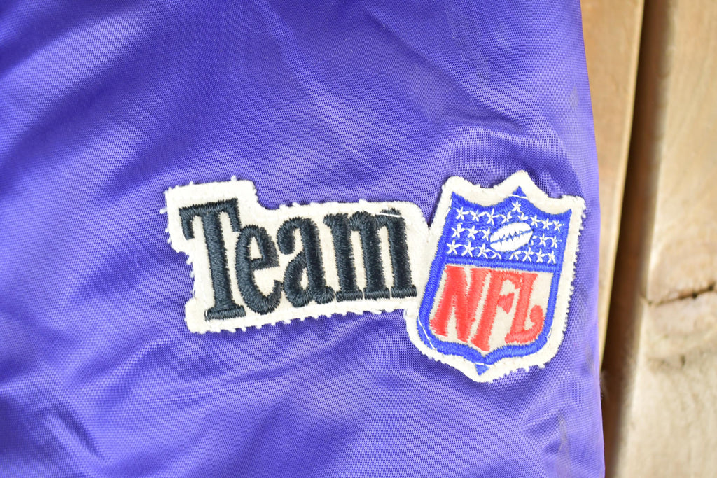 Vintage 1980s Minnesota Vikings Team NFL Football Chalk Line Satin Button Up Bomber Embroidered Puffer Jacket