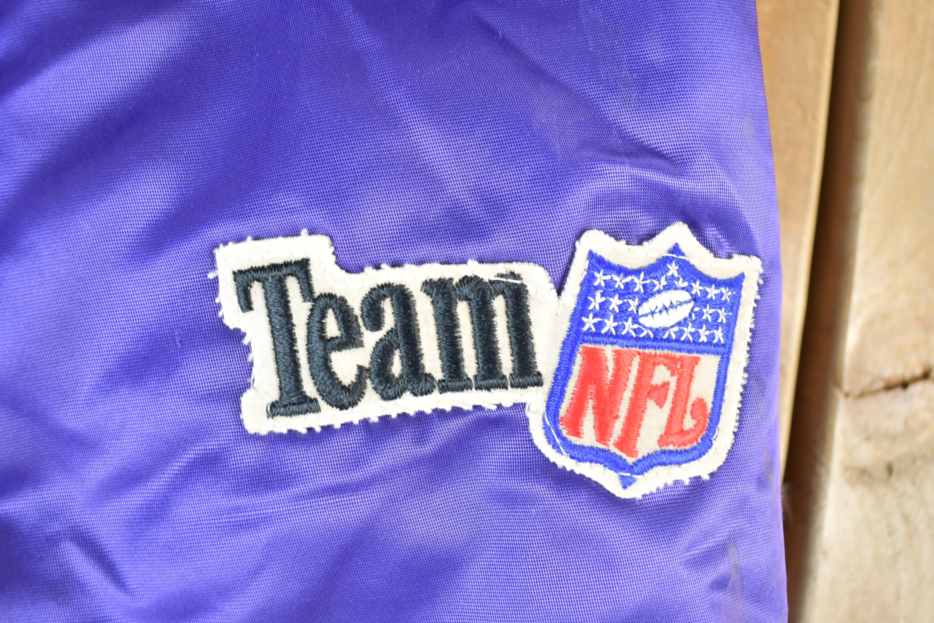 Vintage 1980s Minnesota Vikings Team NFL Football Chalk Line Satin Button Up Bomber Embroidered Puffer Jacket