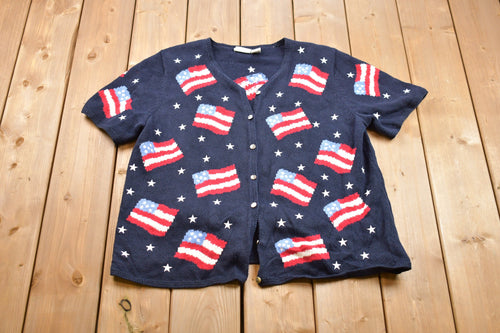 Vintage American Flag Knitted Short Sleeve Sweater / Vintage 90s Button Up Sweater / Pattern Sweater / Outdoor / Hand Knit