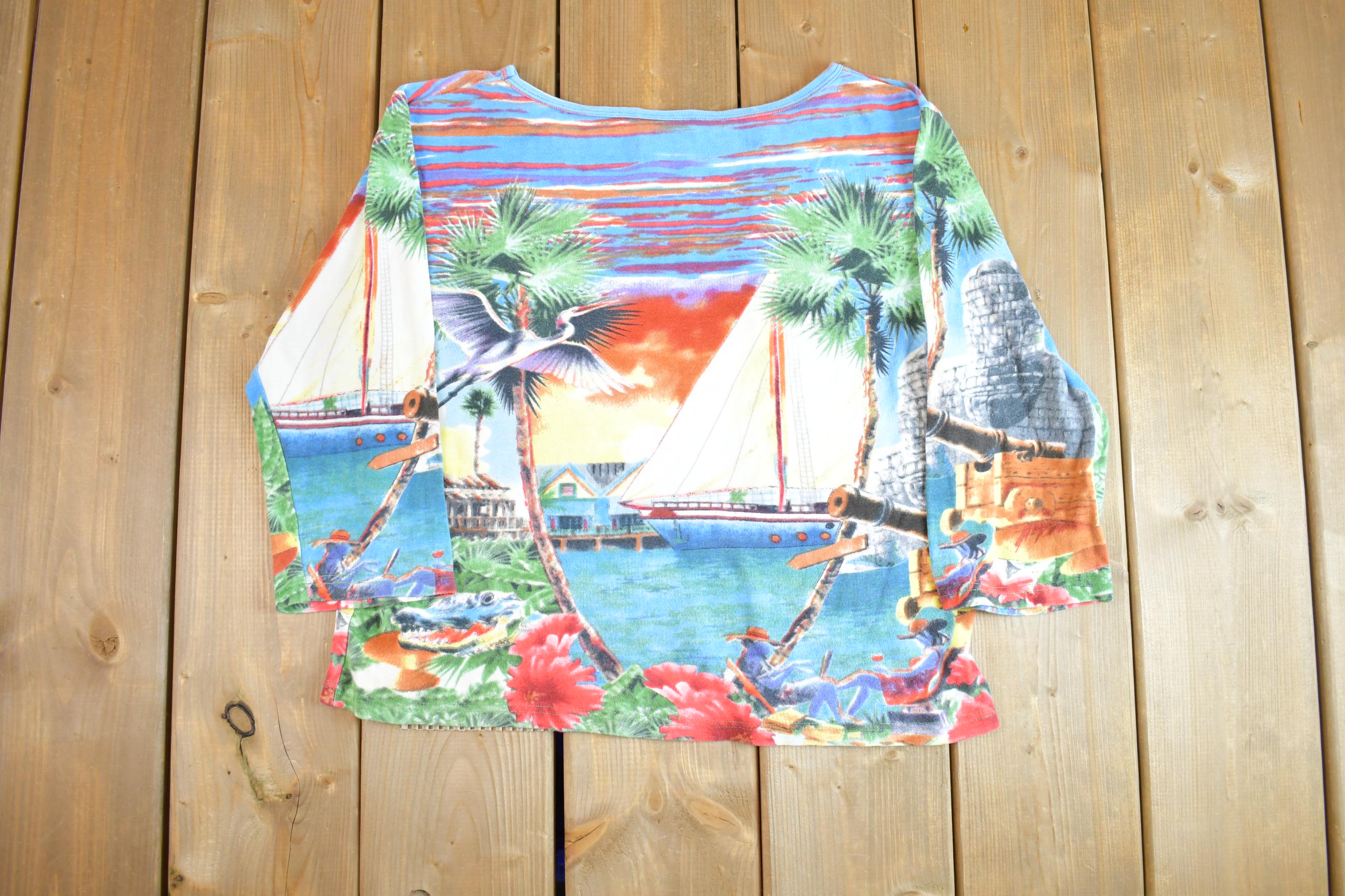 Vintage Y2K Take Two Clothing Co Vacation Sunset Beach Graphic Wrap Around Long Sleeve Shirt