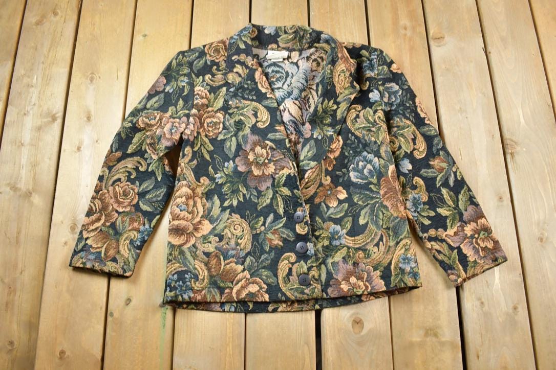 Vintage 1990s Green Mountain Knit Floral Pattern Button Up Dinner Jacket
