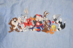 Vintage 1990s Warner Brothers Bugs Bunny Gang Embroidered Denim Button Up Shirt Mens L