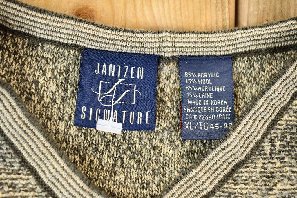 Vintage 1990s Beige Jantzen Signature Knit Abstract Pattern V-Neck Sweater / 90s V-Neck / Size XL / Boxy Fit