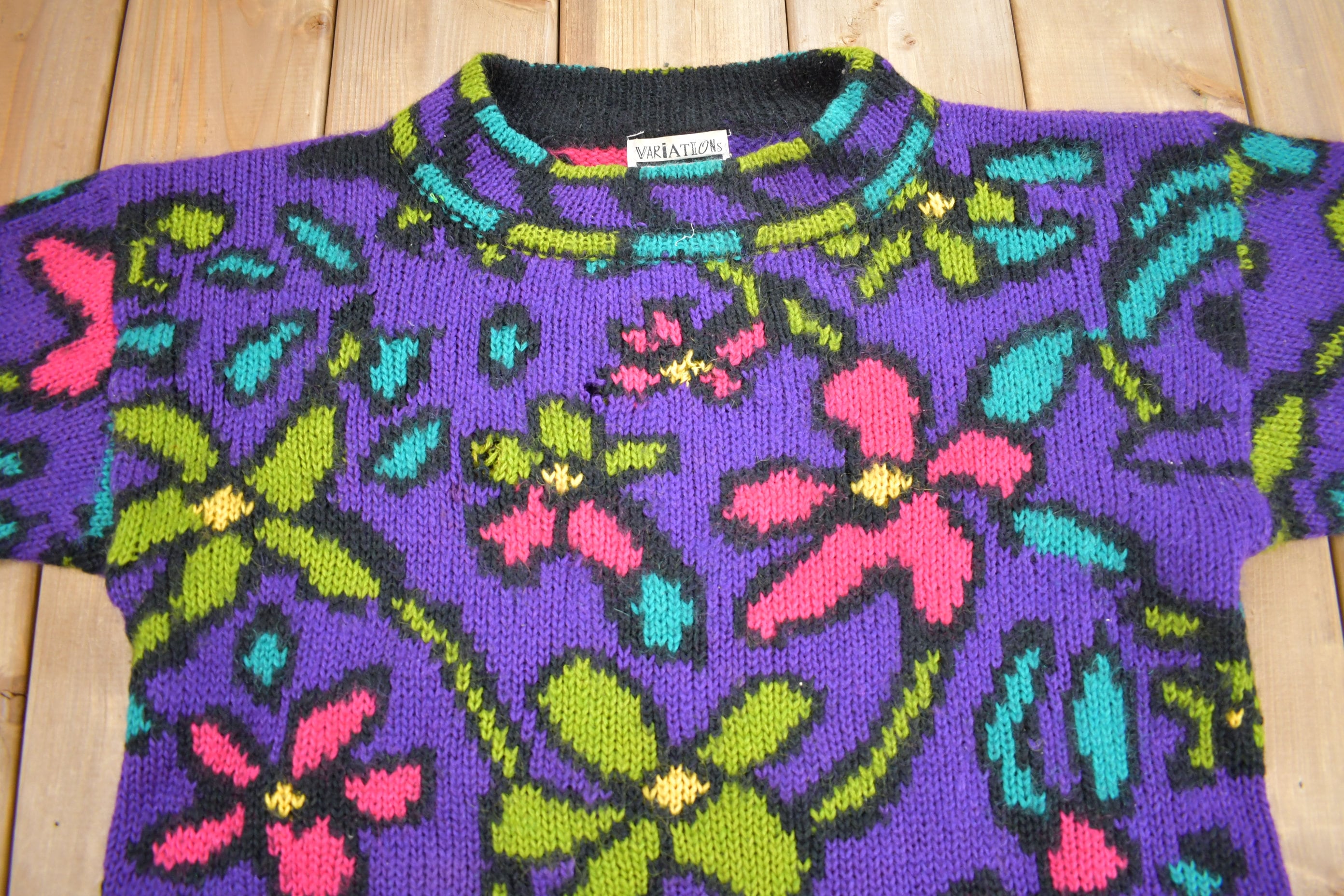Vintage 1990s Variations Floral Knit Mock Neck Sweater