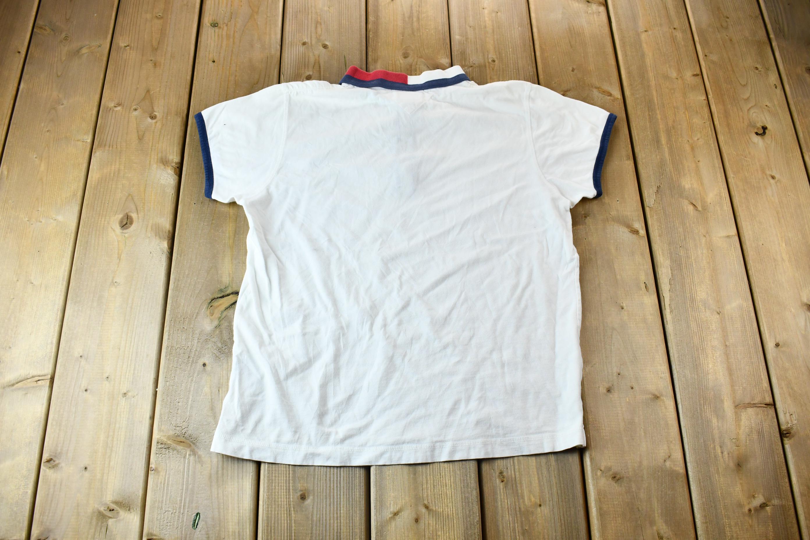 Vintage 1990s Tommy Hilfiger Women's Red White and Blue Zipper Polo Shirt