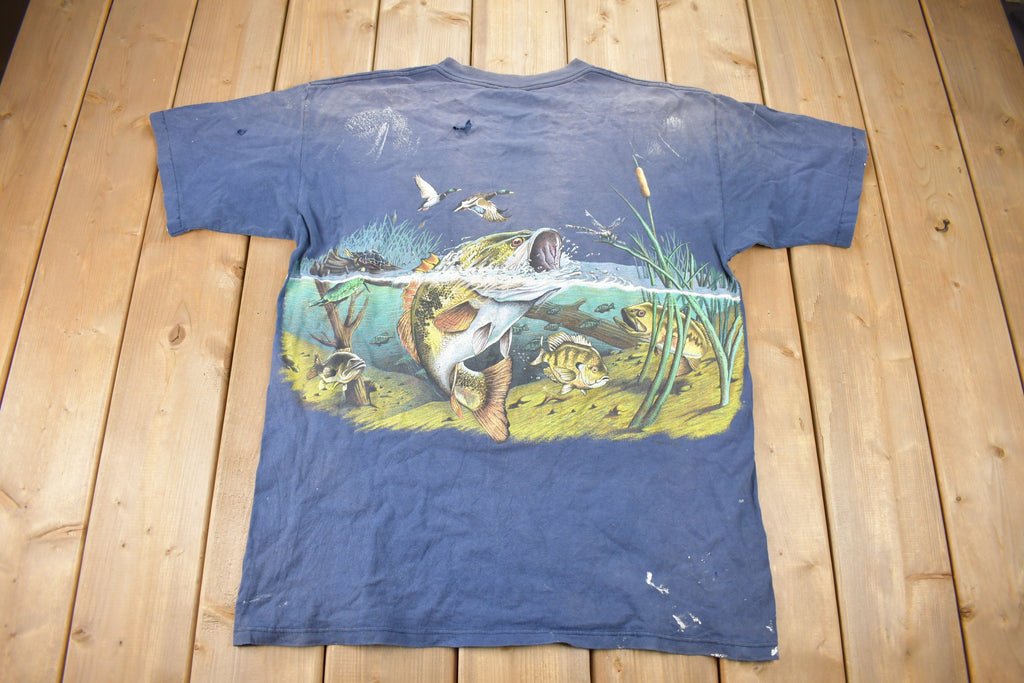 Vintage 1990s Largemouth Bass All Over Print Graphic T-Shirt