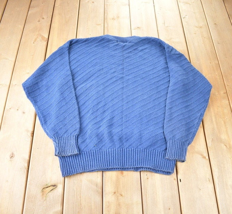 Vintage 1980s St. Johns Bay 3D Blue Knit Crewneck Sweater Made In USA