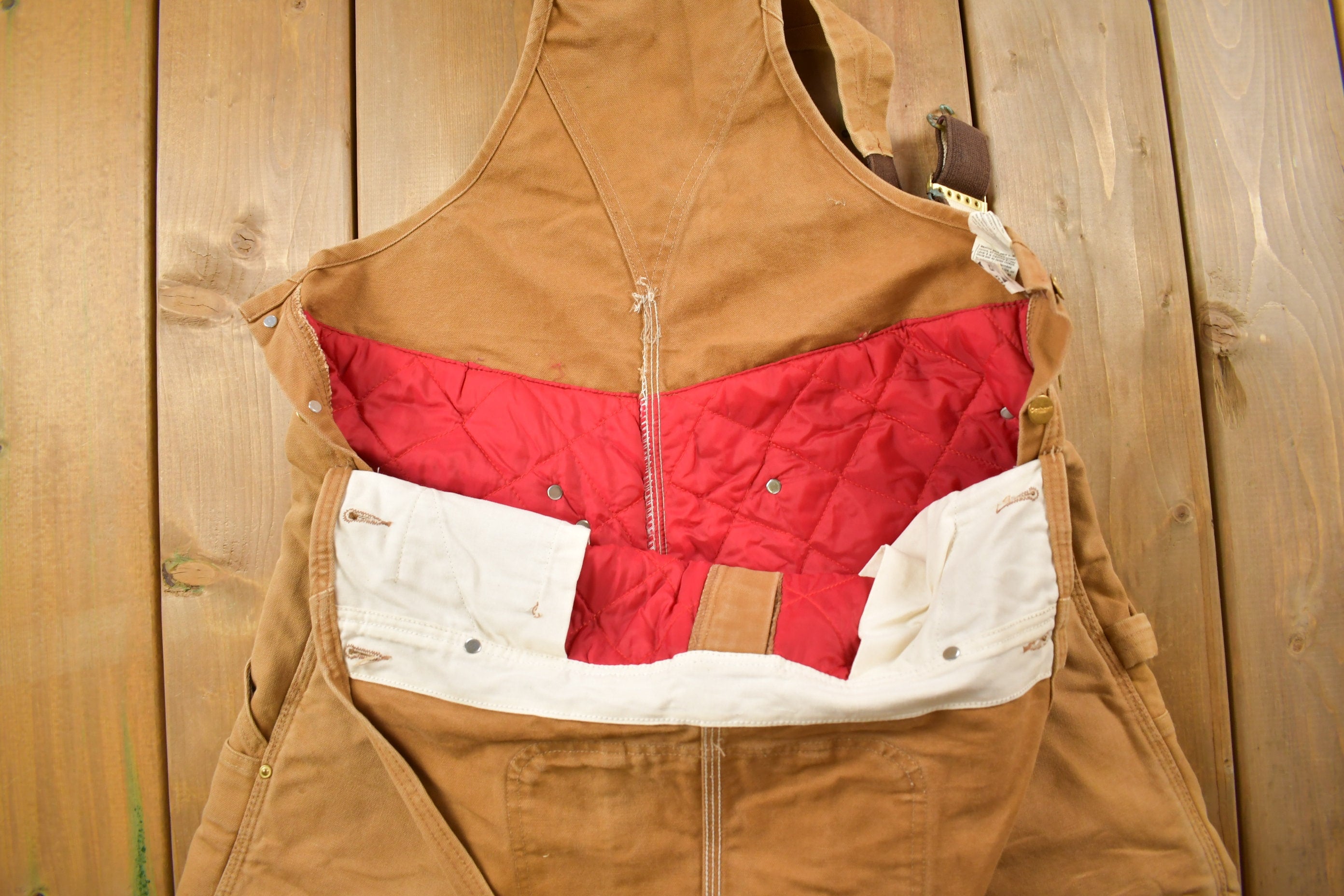 Vintage 1990s Carhartt Beige Double Knee Canvas Quilted Overalls Size 38 x 30