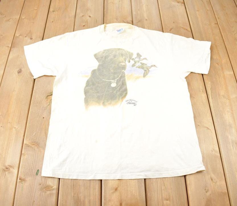 Vintage 1990s TSF Originals Hanes Dog Ducks Oil Painting Theme Single Stitch Graphic T-Shirt Made In USA