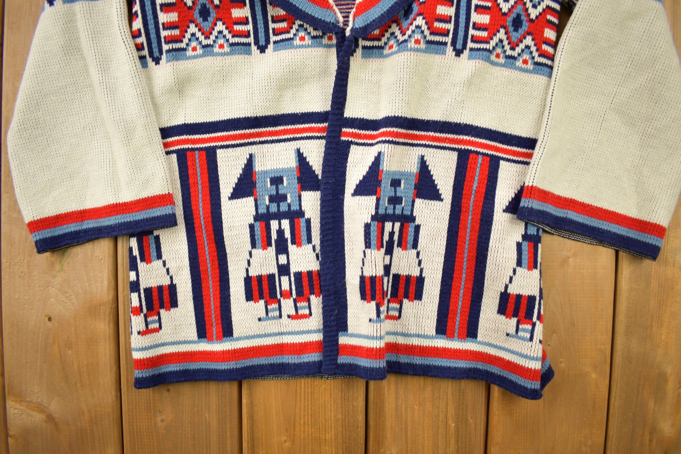 Vintage 1980s Matisse Knitted Open Shall Cardigan Sweater  Vintage Cardigan  Button Up  Abstract Pattern  All Over Pattern