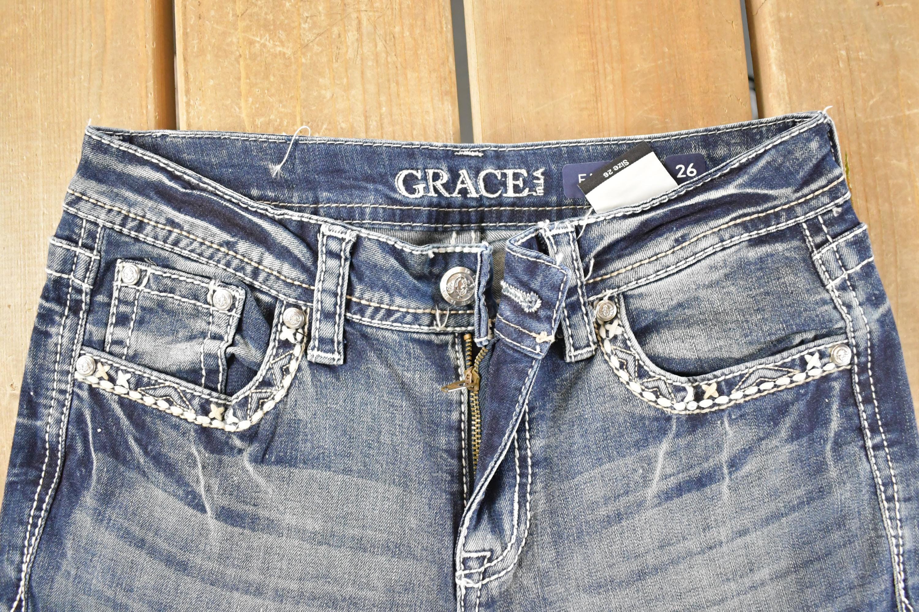 Vintage Deadstock Y2K Grace In LA Bedazzled Bootcut Low Rise Jeans Women's Size 26 x 31