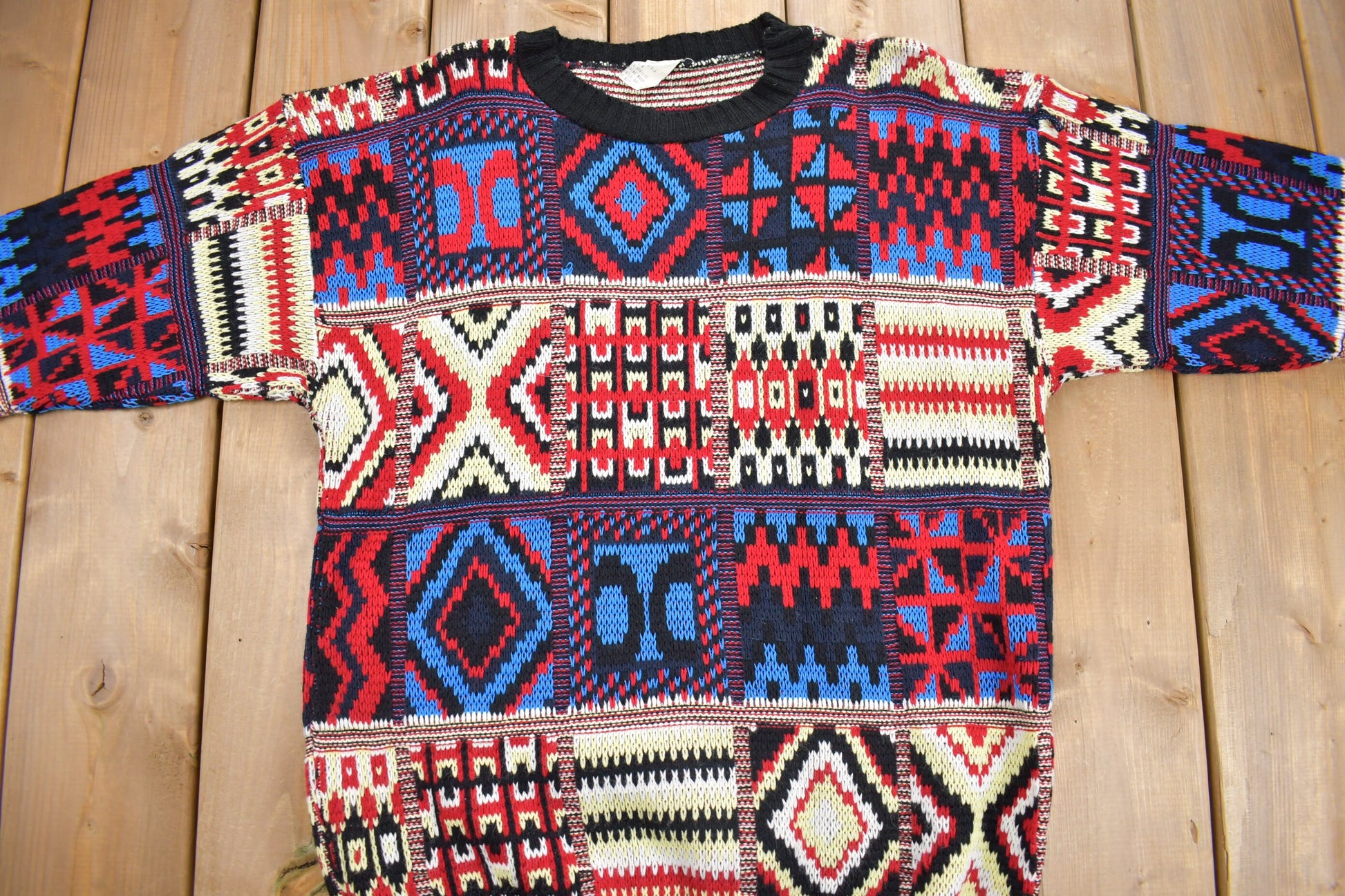 Vintage 1980s Abstract Patchwork Color Block Knit Crewneck Sweater