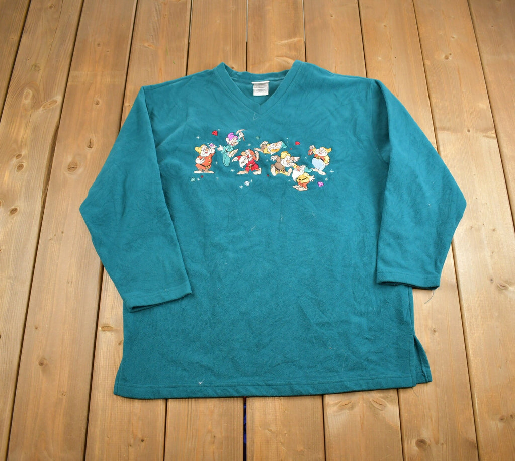 Vintage 1990s Disney Snow White Seven Dwarves Embroidered Fleece V-Neck Sweater