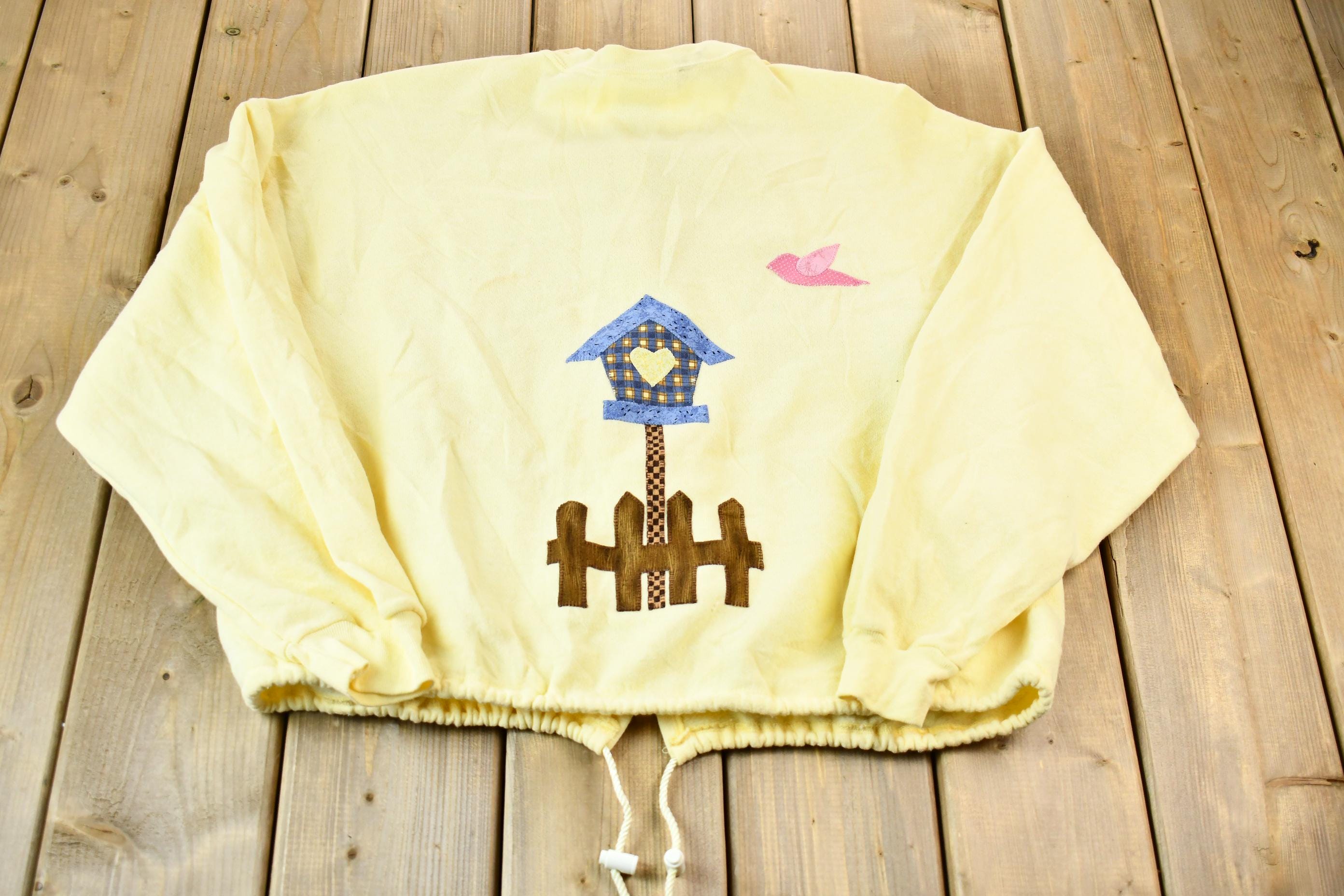 Vintage 1990s Lee Women's Fleece-Lined Handmade Cut N Sew Button-Up Patchwork Birdhouse Sweater
