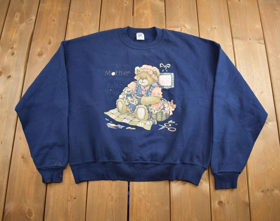 Vintage 1990s Mother Can Always Patch Things Up Cute Bear Crewneck Sweater Made In USA