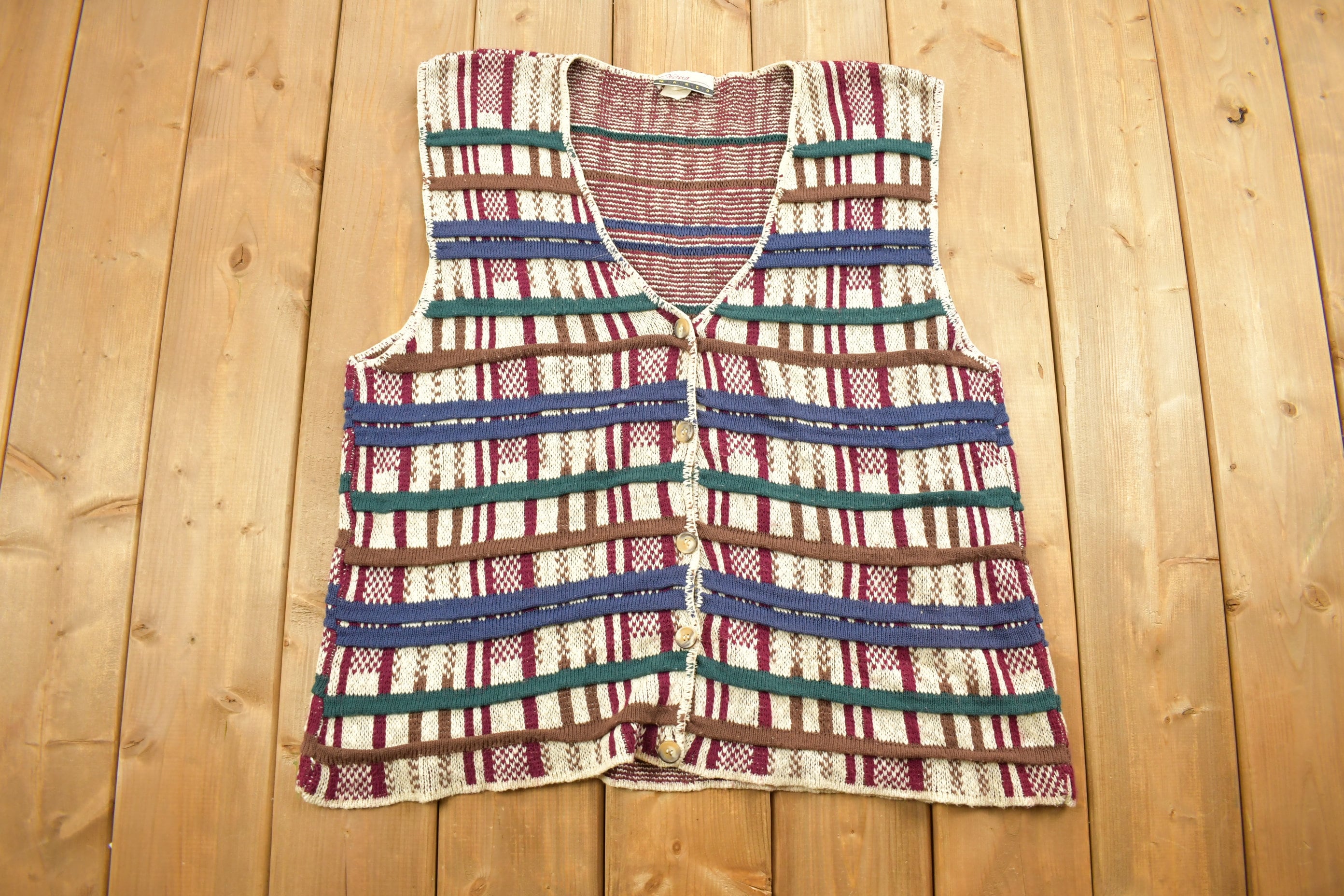 Vintage 1990s Diana Macro Knitted Sweater Vest  Vintage 90s Vest  Pattern Sweater  Knit Vest  Abstract Pattern  Embroidered