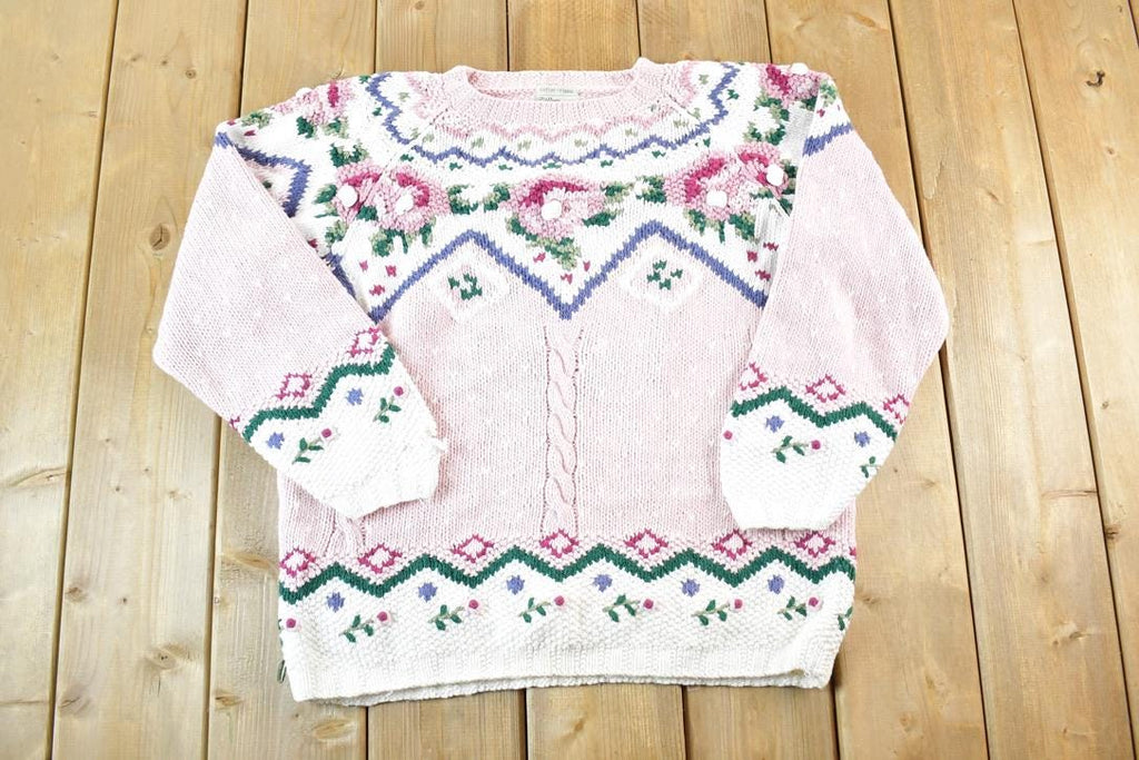 Vintage 1990s Willow Ridge Knitted By Hand Floral Pattern Crewneck Sweater Womens S