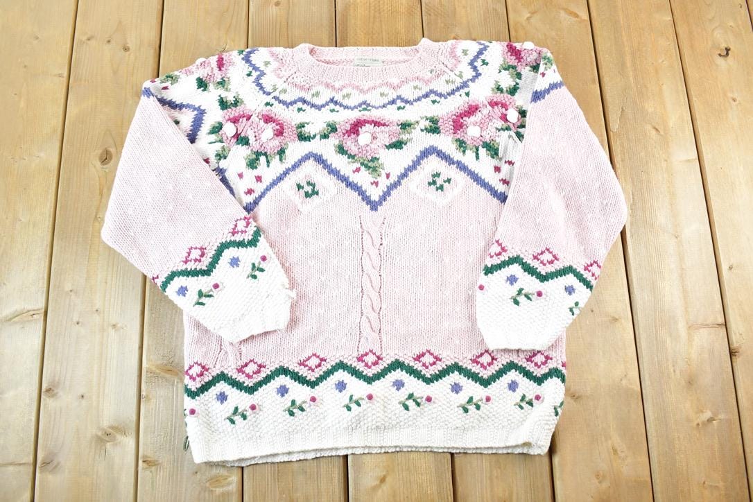 Vintage 1990s Willow Ridge Knitted By Hand Floral Pattern Crewneck Sweater Womens S