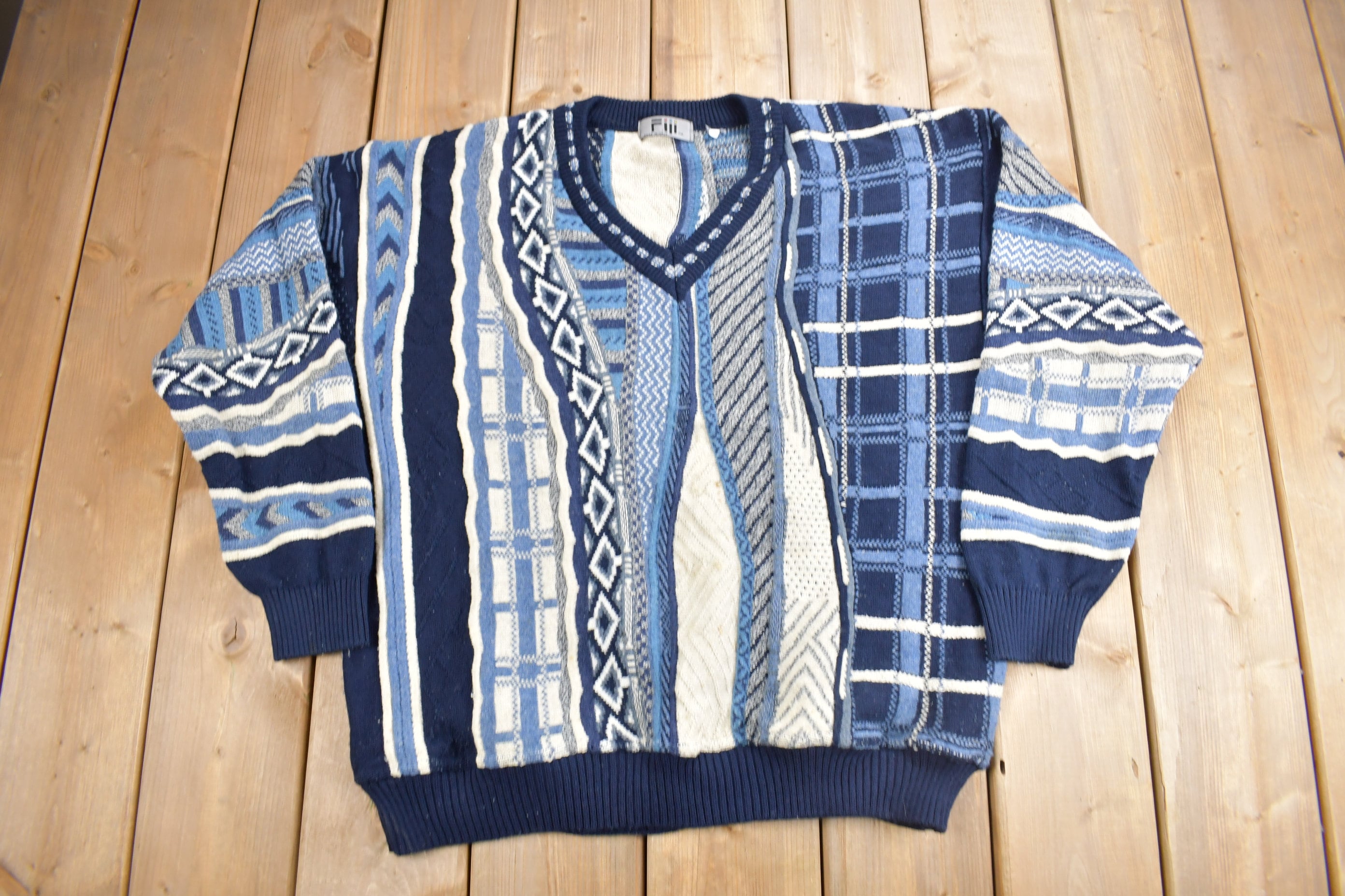 Vintage 1990s Fiii 3D Colored Cable Knit V-Neck Sweater
