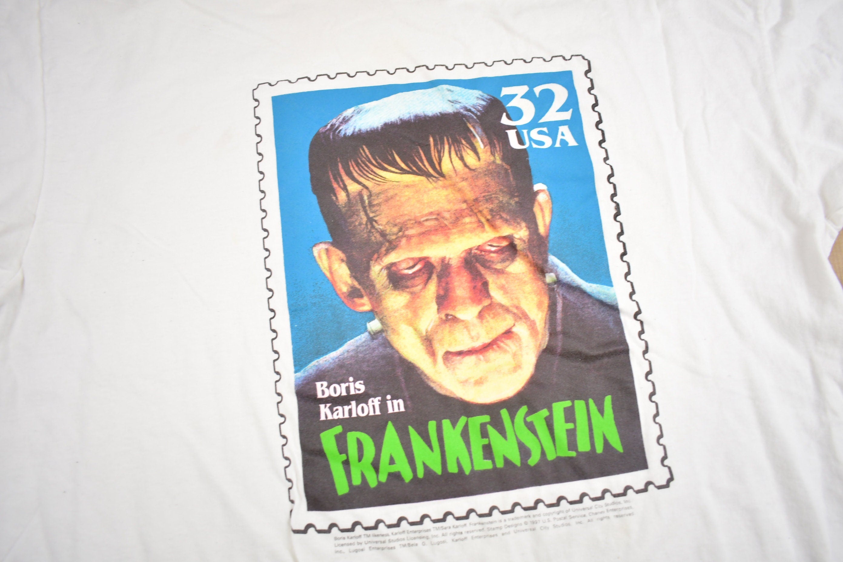 Vintage 1997 Frankenstein USPS Mail Stamp Graphic T-shirt
