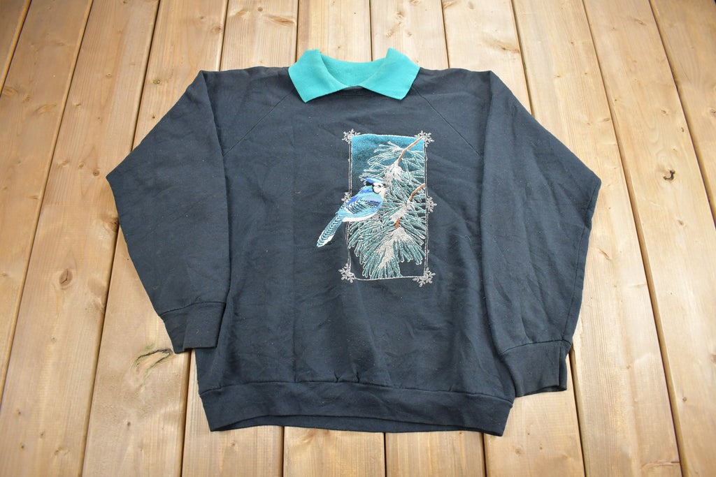 Vintage 1990s Embroidered Blue Jay Bird Theme Collared Sweater  Grandma Sweater  Made In USA