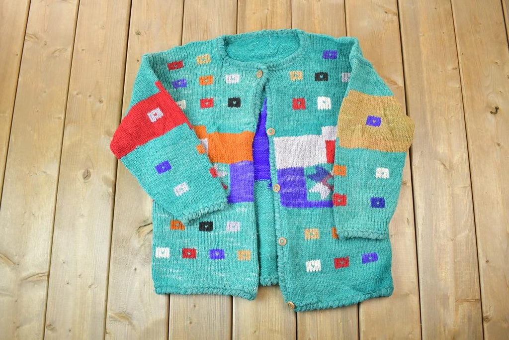 Vintage 1990s Colour Block Button Up Knit Crewneck Sweater / 90s Crewneck / Made In USA / Preppy
