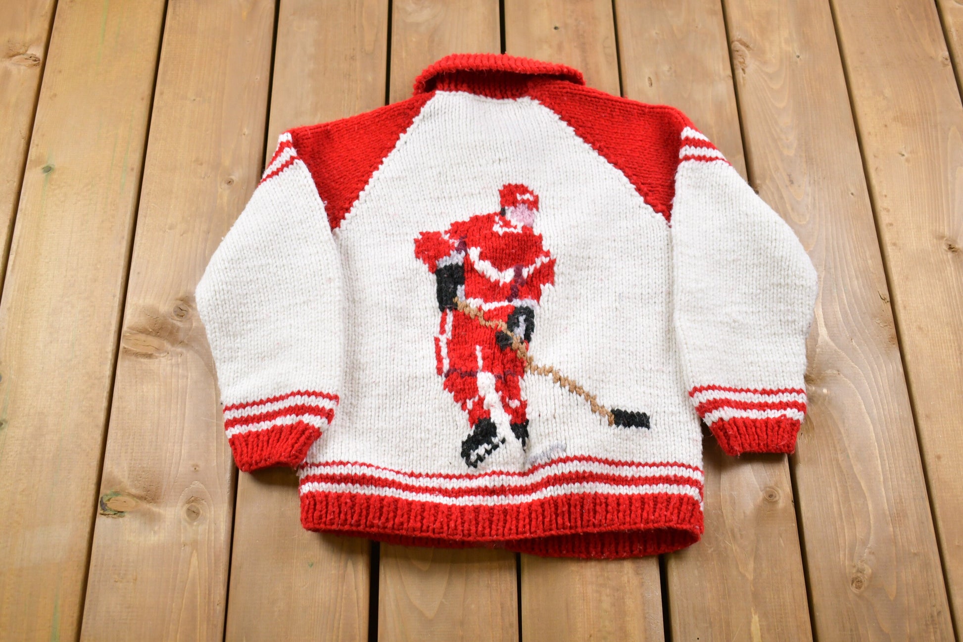 Vintage 1970s Kids Hockey Graphic Knitted Curling Sweater  Vintage 70s Crewneck  Pattern Sweater  Hand Knit  Pullover Sweatshirt