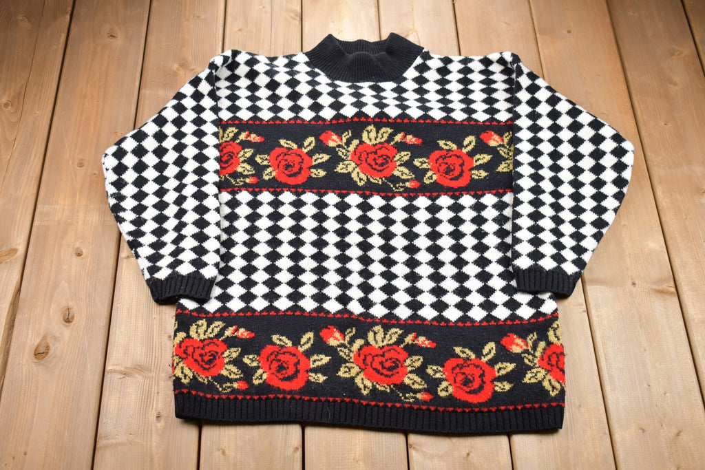 Vintage 1990s Trimmings Floral Checkered Knitted Sweater  Vintage 90s Mockneck  Pattern Sweater  Hand Knit  Pullover Sweatshirt