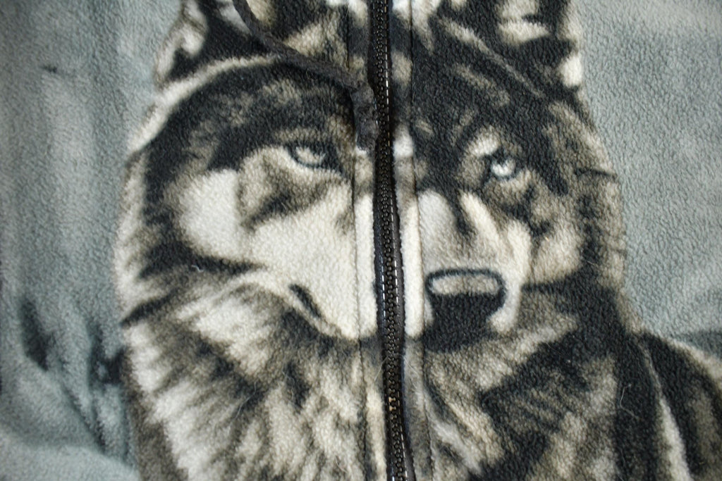 Vintage 1990s Winter Wolf Theme Fleece Sweater Jacket Men's Medium