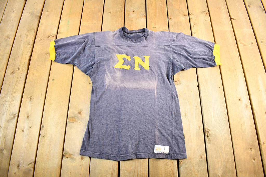 Vintage 1970s Sigma Nu Fraternity Russell Athletic Distressed Ringer T Shirt Men's Large