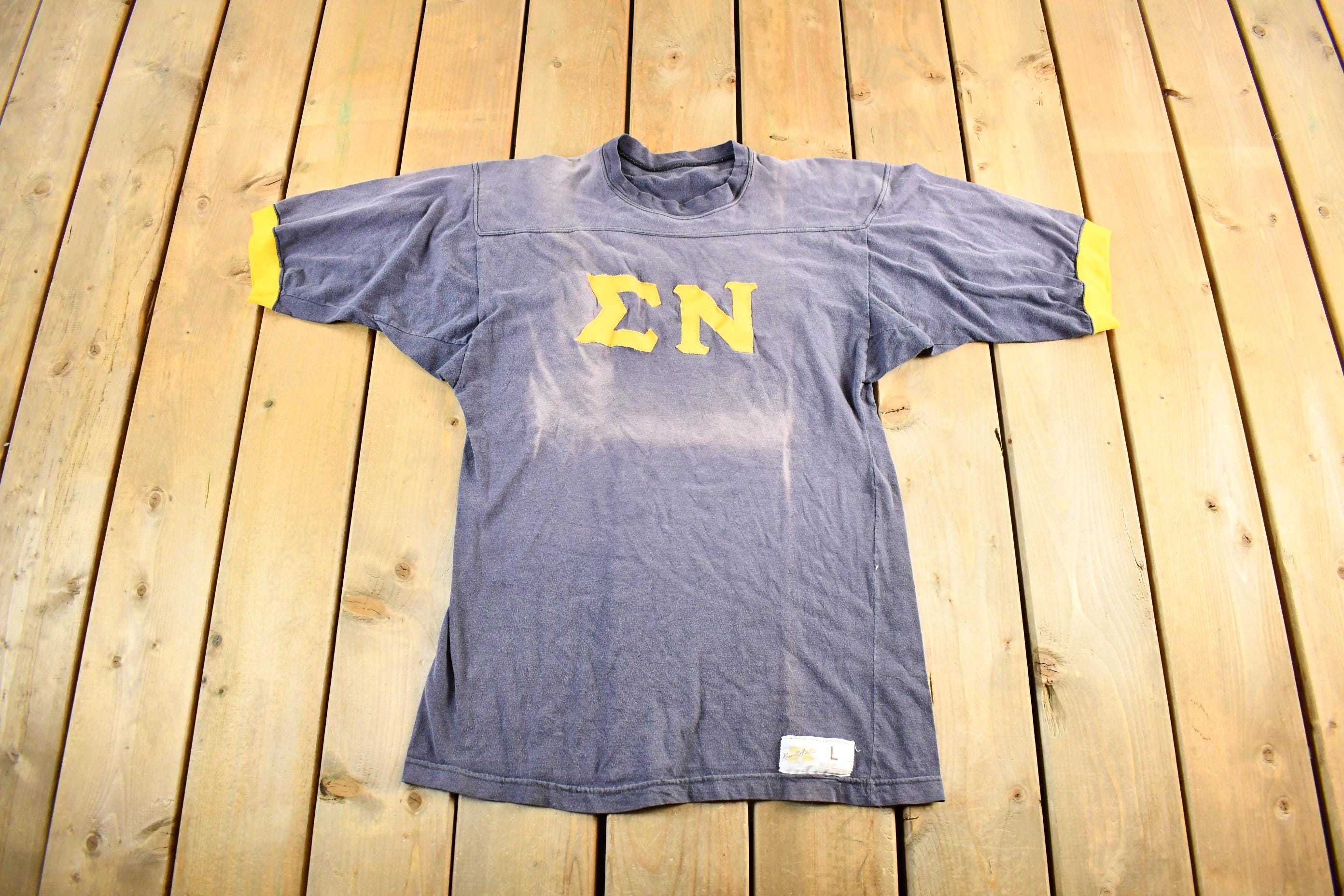 Vintage 1970s Sigma Nu Fraternity Russell Athletic Distressed Ringer T Shirt Men's Large
