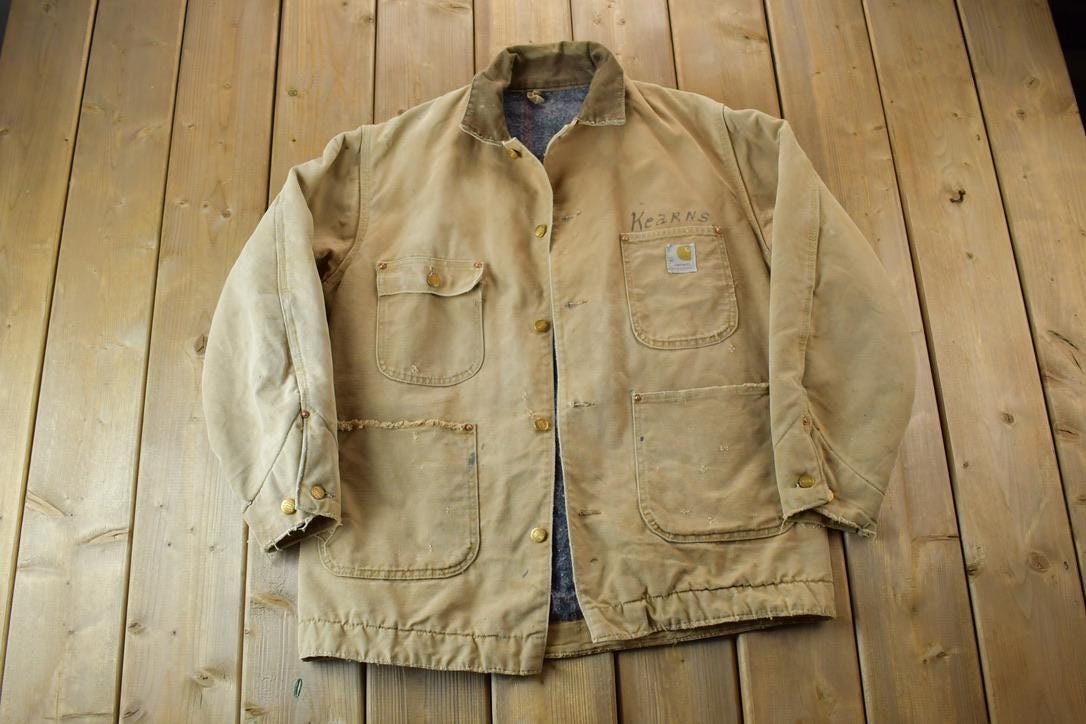 Vintage 1970s Distressed Carhartt Blanket Lined Chore Coat Made In USA