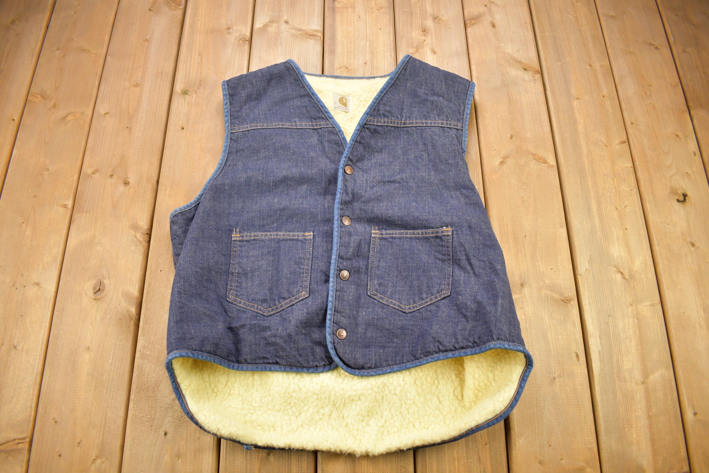 Vintage 1980s Carhartt Sherpa Lined Denim Work Vest Vintage Workwear