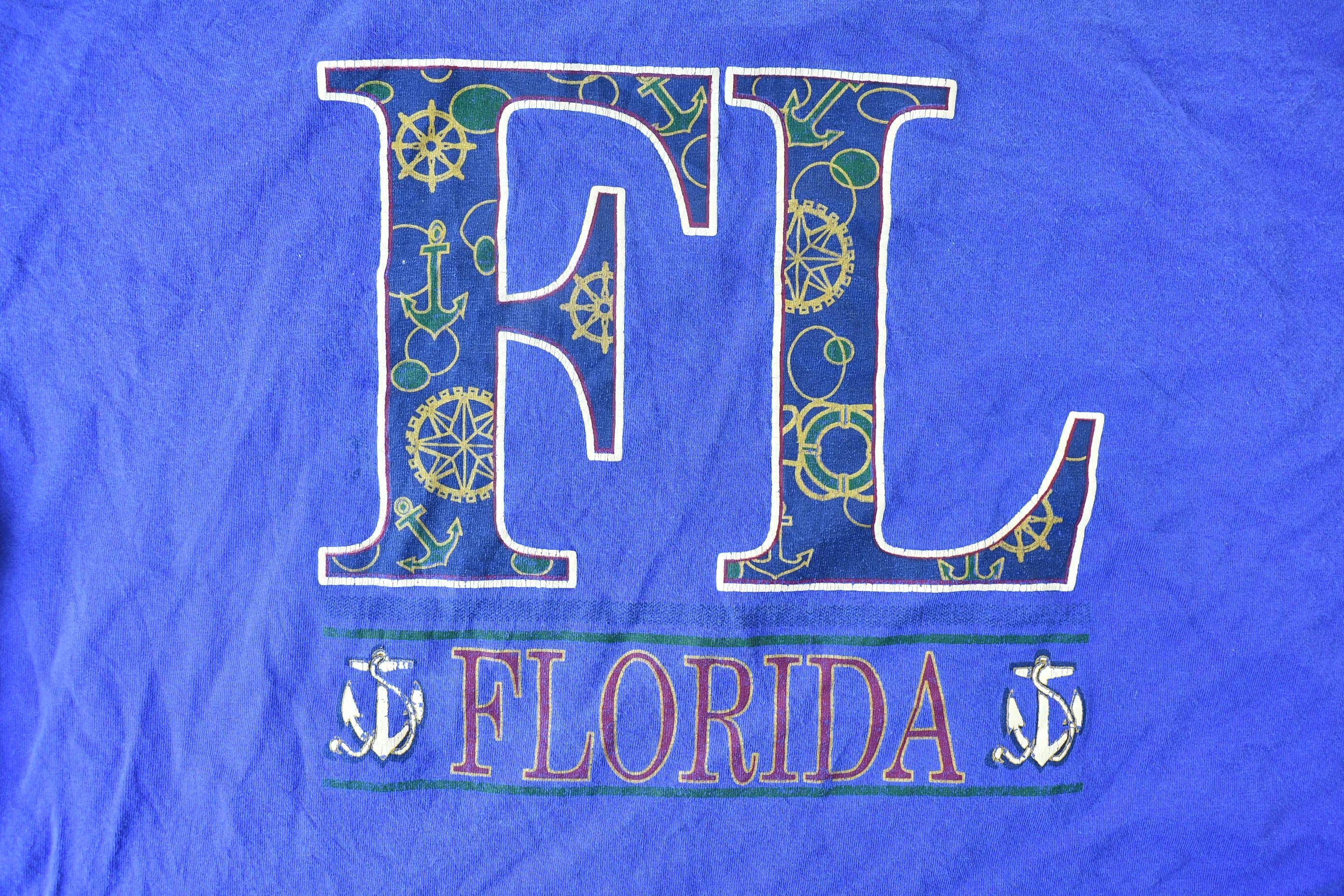 Vintage 1990s Royal Blue Florida USA Souvenir Travel Nautical Graphic T-Shirt