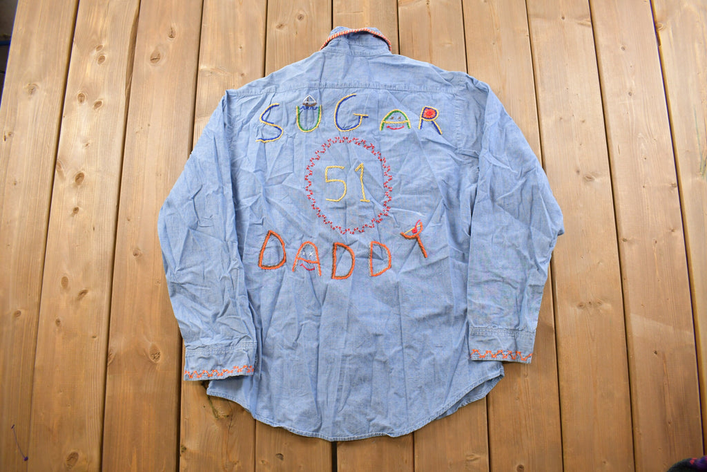 Vintage 1980s Sears Sugar Daddy Embroidered Denim Button Up Shirt