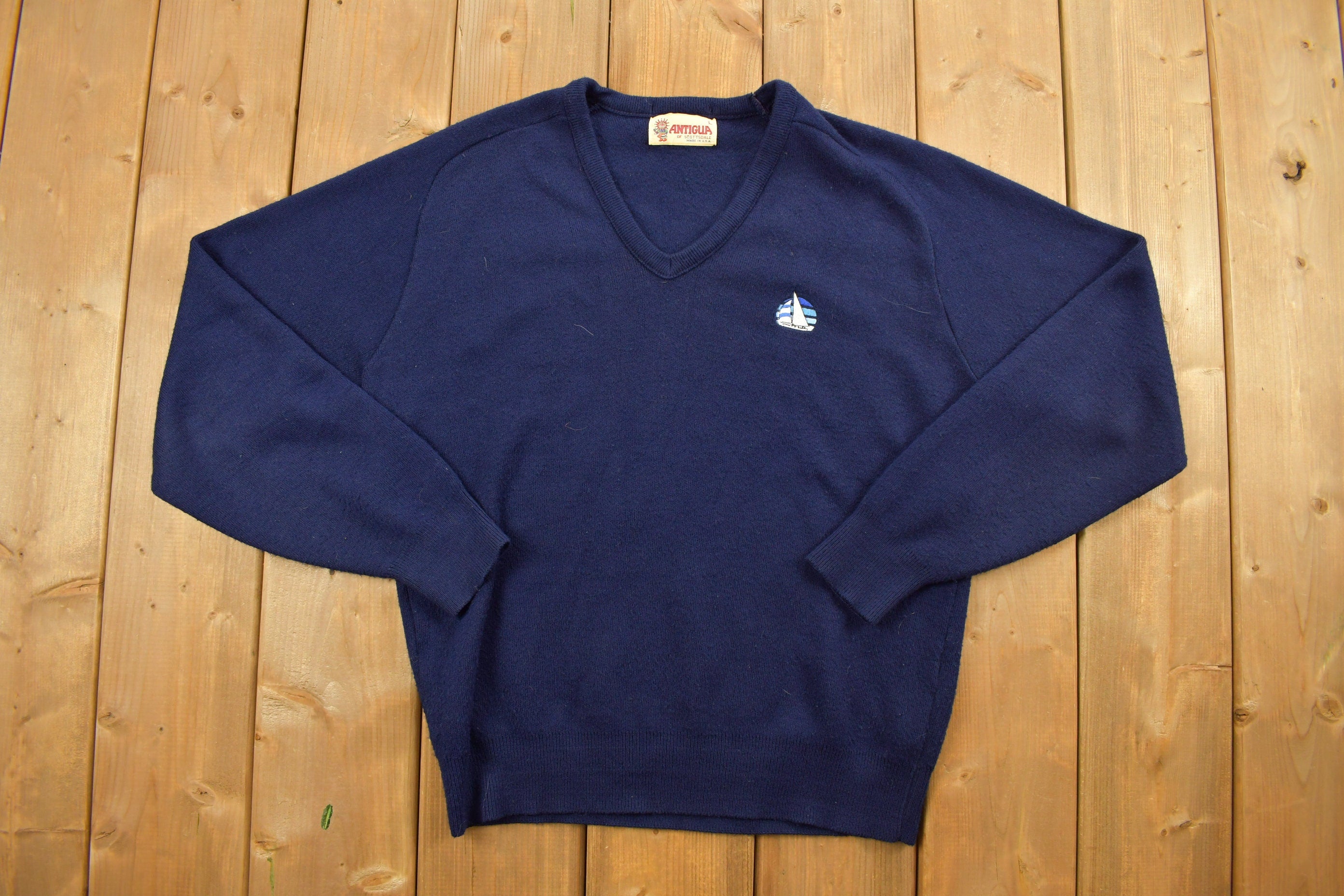 Vintage 1990s Antigua Sailing Boat Embroidered V-Neck Knit Sweater