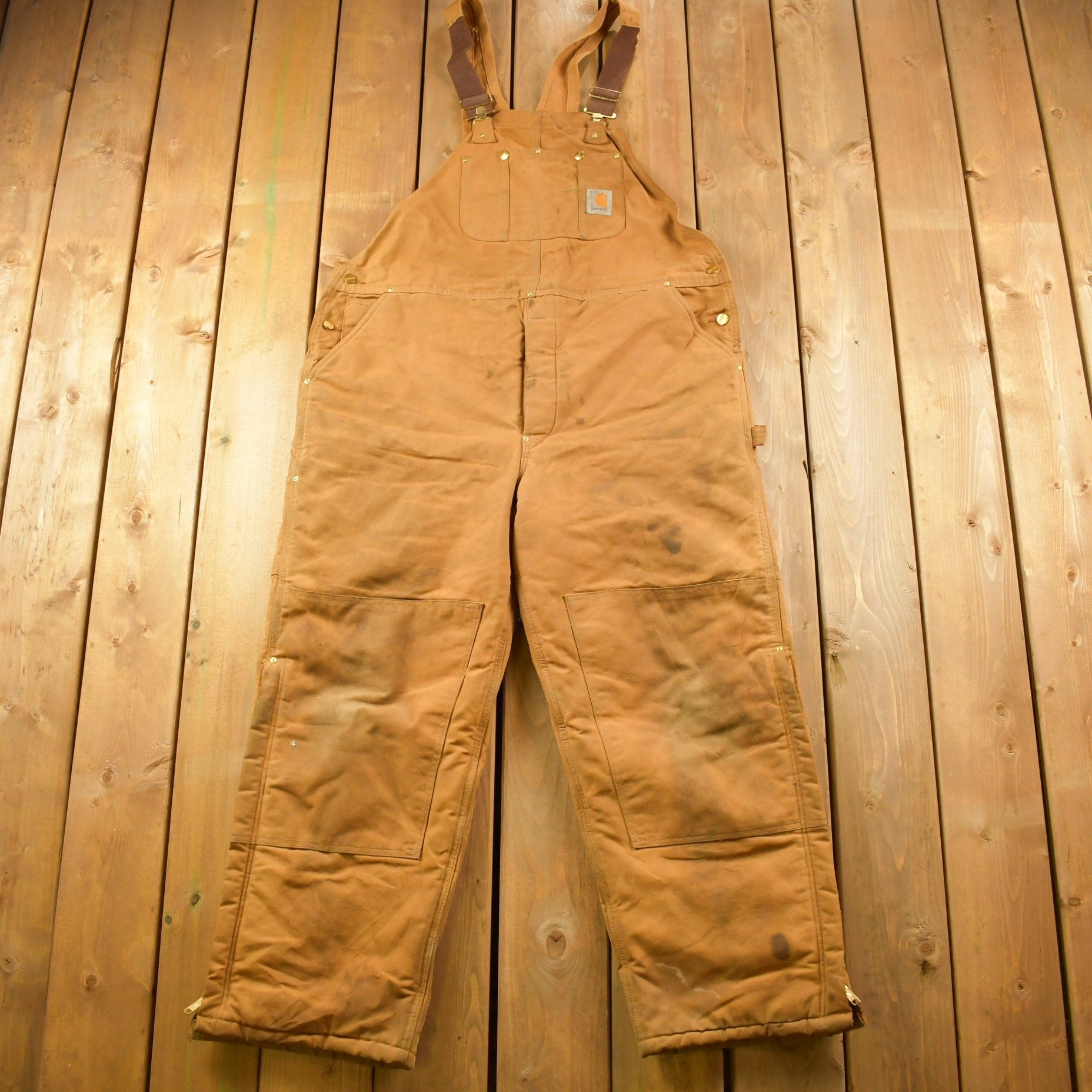 Vintage 1990s Carhartt Beige Double Knee Canvas Quilted Overalls Size 44 x 30