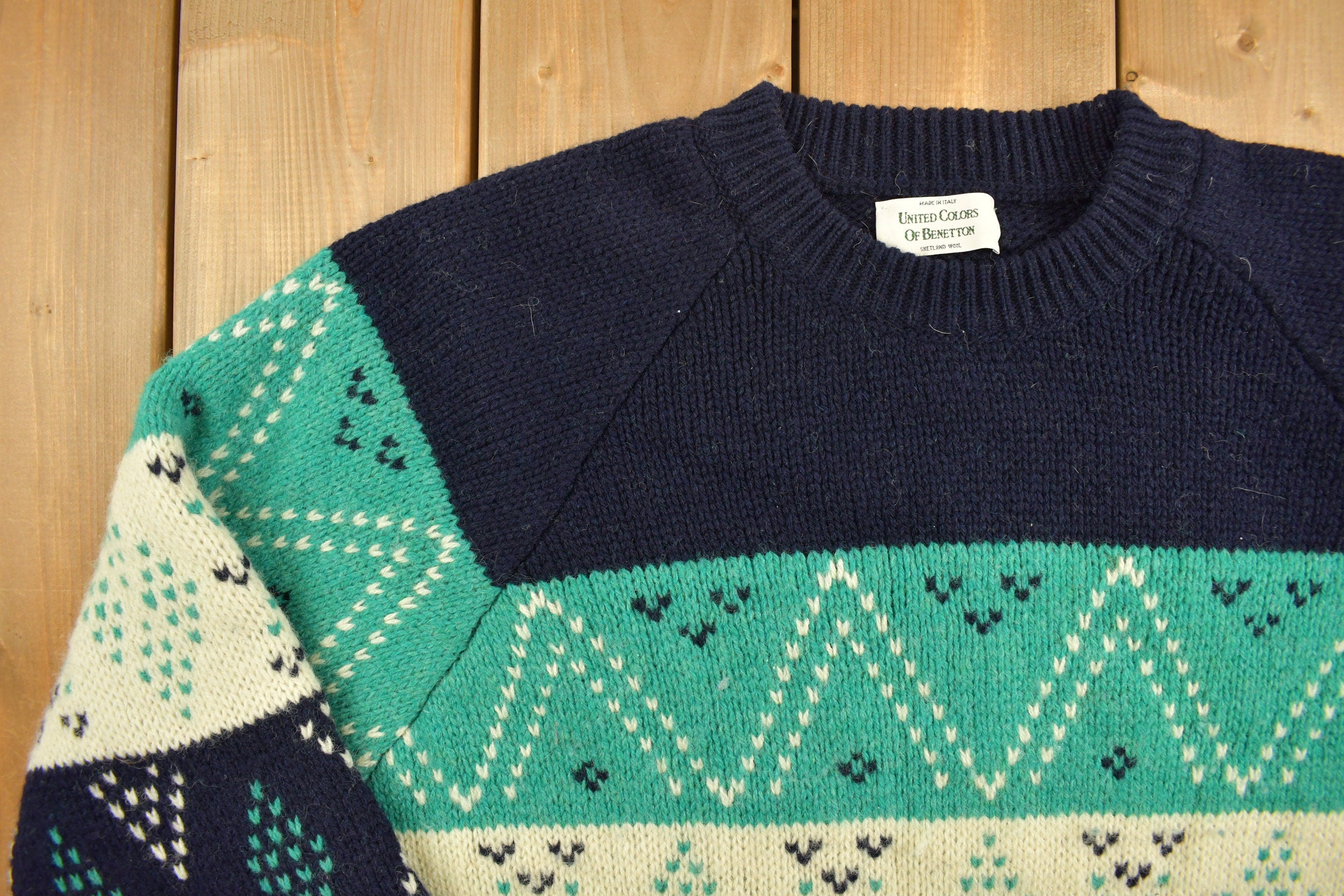 Vintage 1990s United Colors Of Benneton Knitted Sweater  Vintage 90s Crewneck  Pattern Sweater  Shetland Wool  Made In Italy