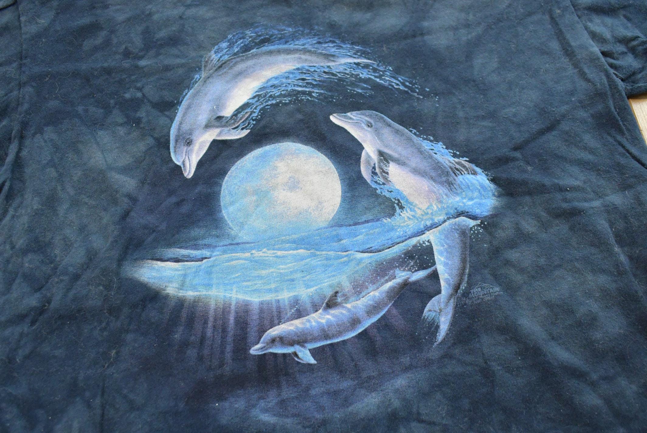 Vintage Y2K The Mountain Dolphins Moon Tie Dye T-Shirt Mens S / 2000s Streetwear / 00s Animal Tee / Liquid Blue