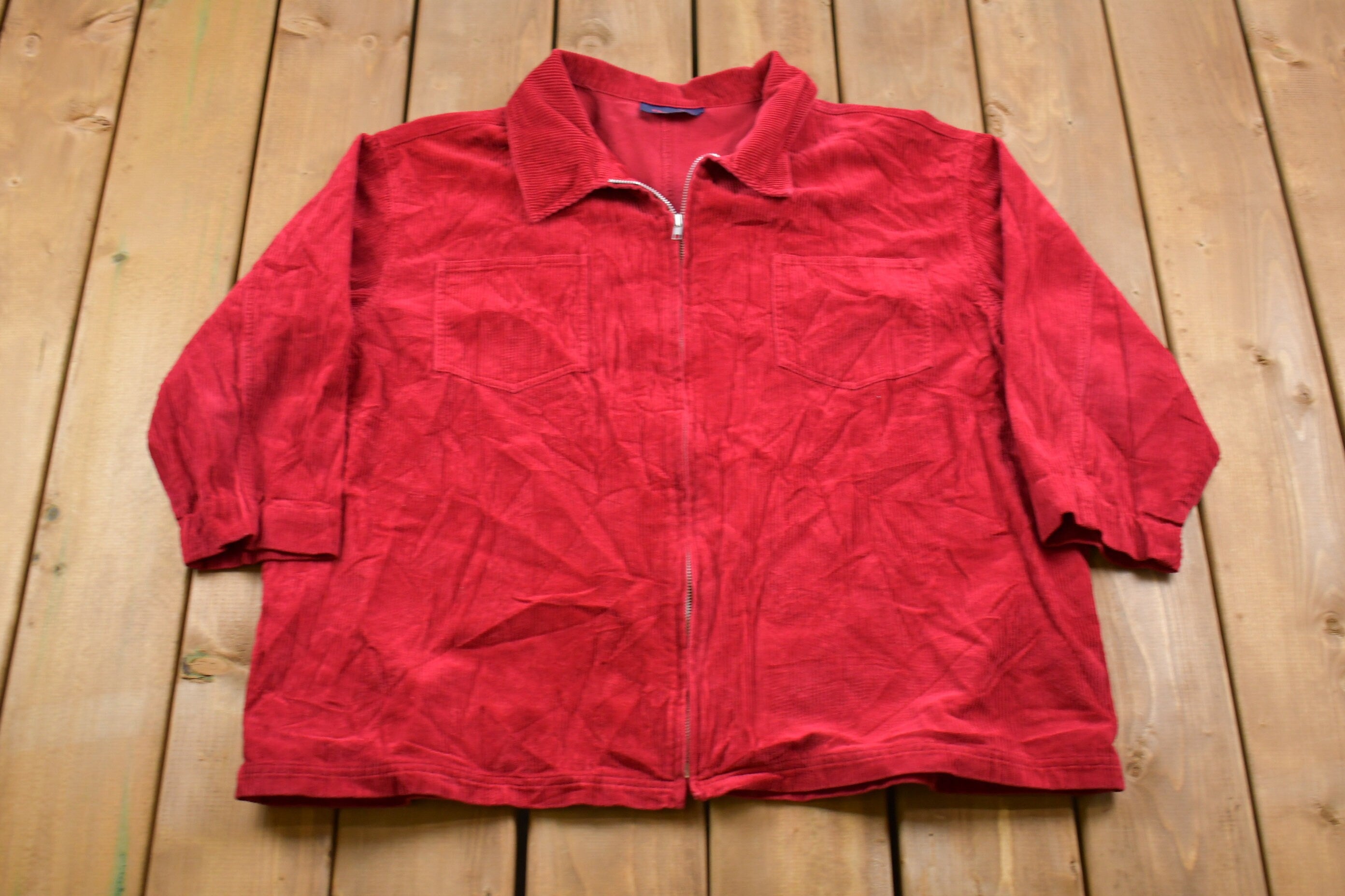 Vintage 1990s Denim & Co Full Zip Shirt  1990s Zip Up Shirt  Vintage Corduroy  Plaid Flannel  Casual Shirt  Vintage Corduroy  Zip Up