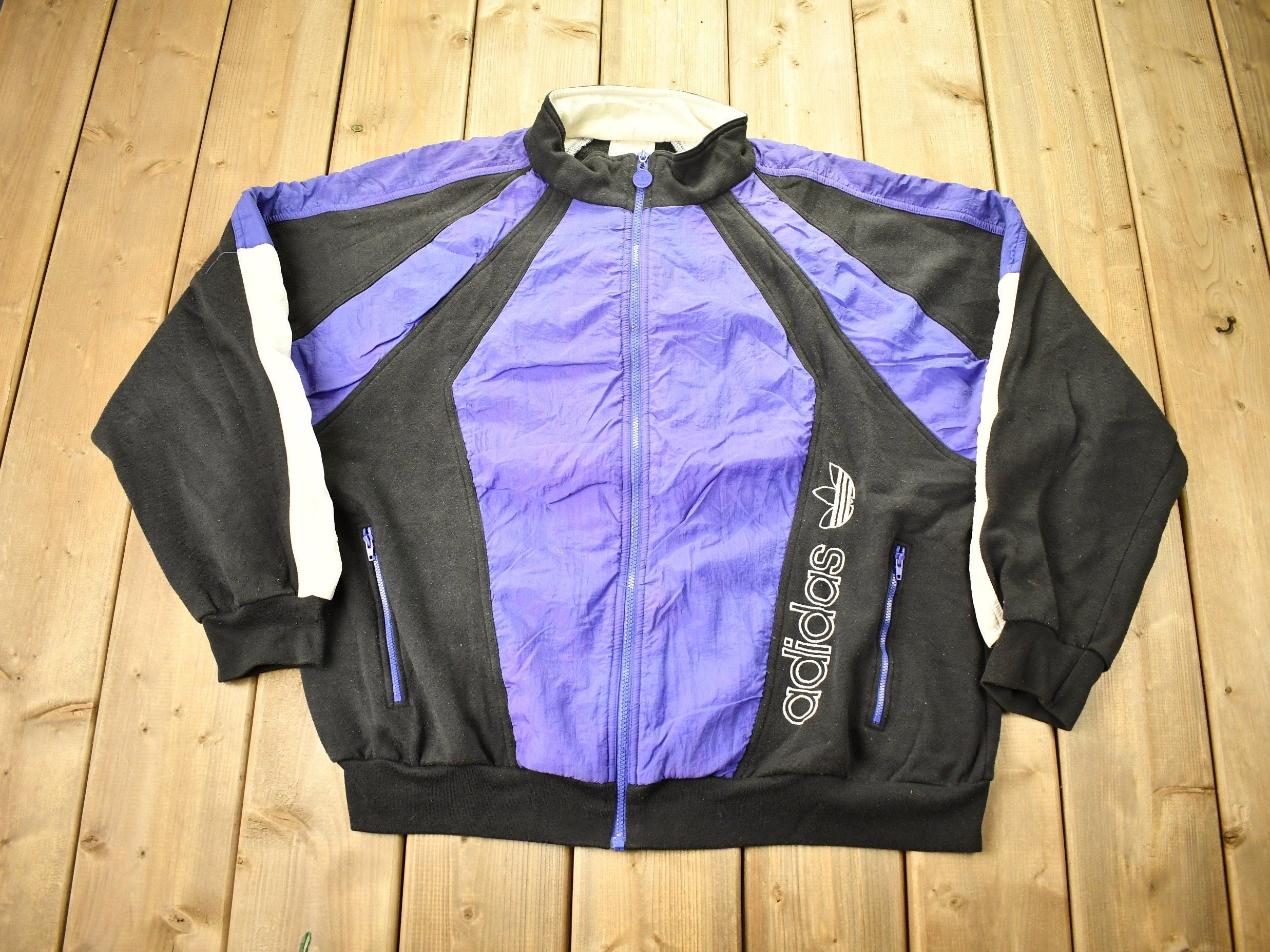 Vintage 1980s Adidas Color-Block Zip-Up Nylon Sweater