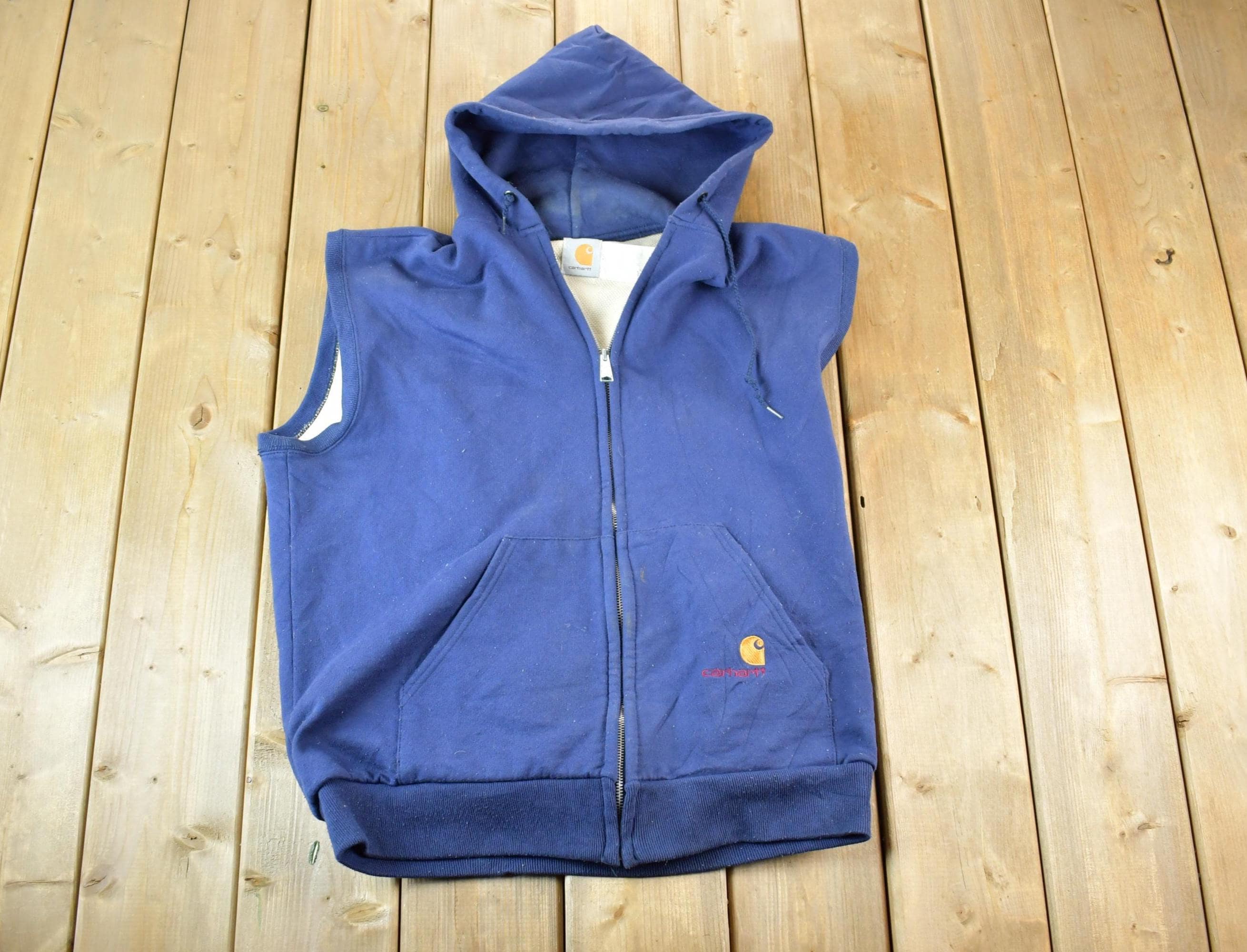 Vintage Distressed Carhartt Full Zip Fleece Lined Hoodie Sweatshirt Vest