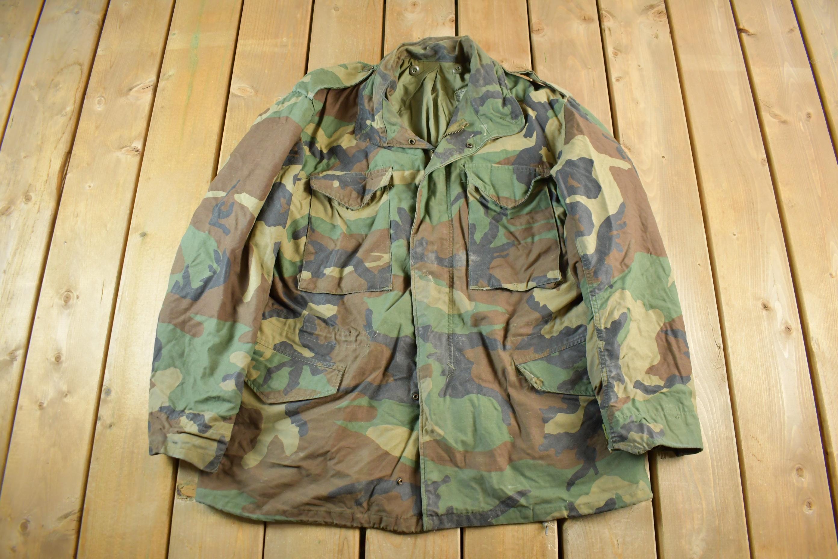 Vintage 1980s Military Woodland Camo Combat Field Jacket Men's Medium