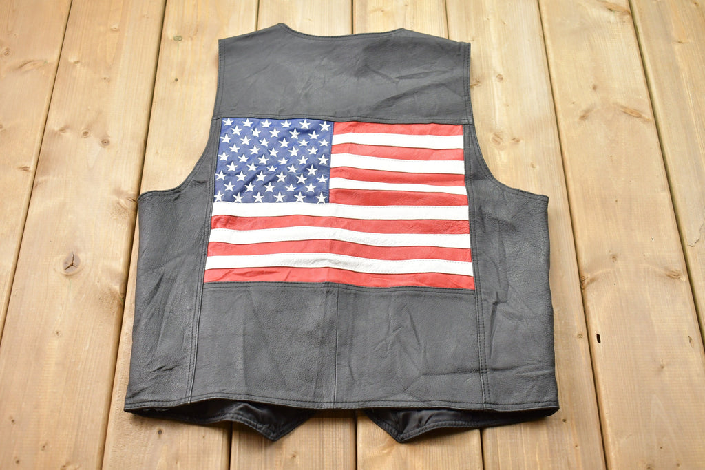 Vintage 1990s United States Leather Vest  Fall Outerwear  Leather Vest  American Flag  Streetwear Fashion  Vintage Vest