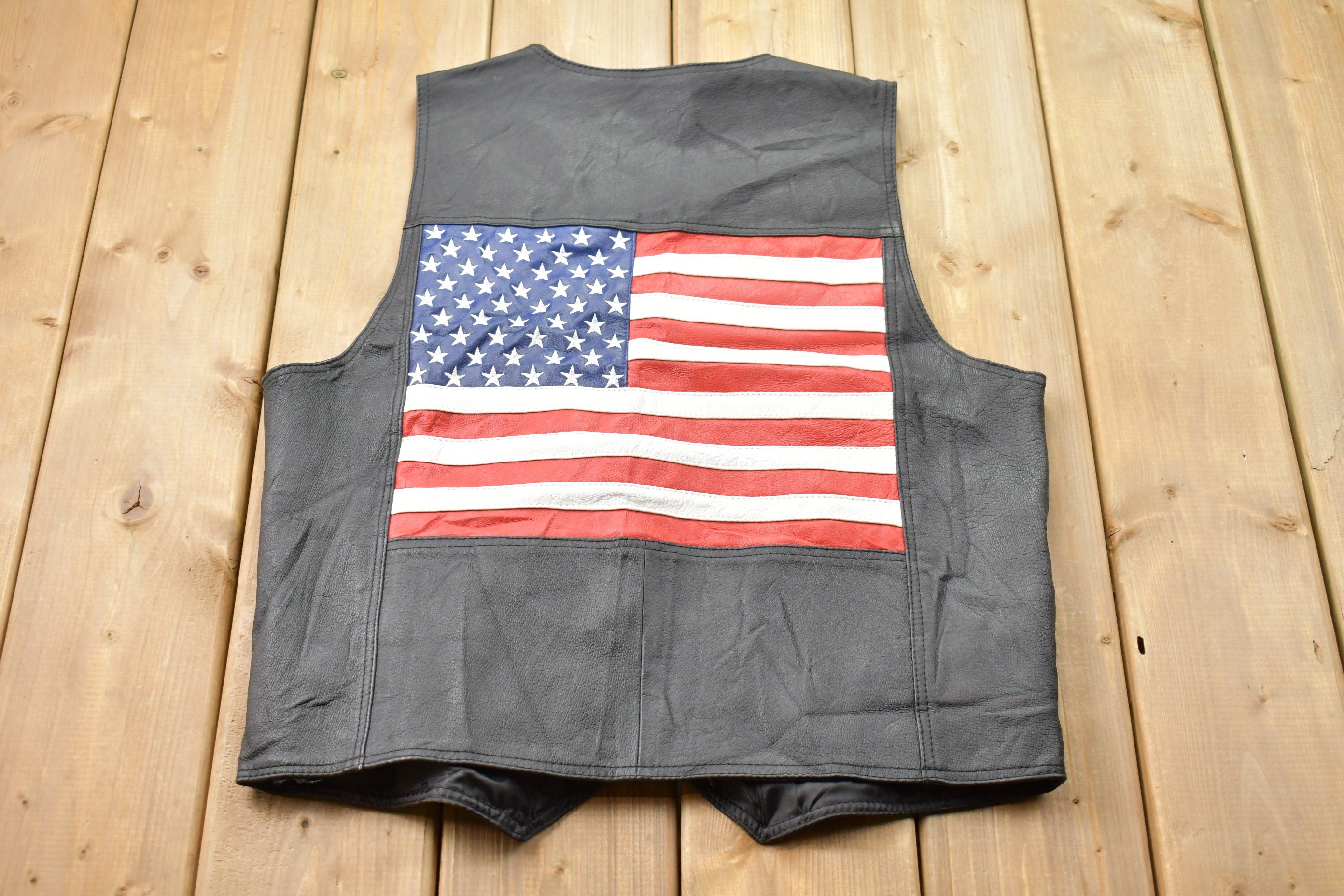 Vintage 1990s United States Leather Vest  Fall Outerwear  Leather Vest  American Flag  Streetwear Fashion  Vintage Vest