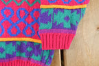 Vintage 1990s Mount Snow Abstract Knit Crewneck Sweater Youth L / Fringe Tassels Knitted Sweatshirt / Made in USA